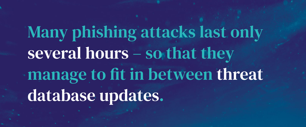 Many phishing attacks last only several hours – so that they manage to fit in between threat database updates.